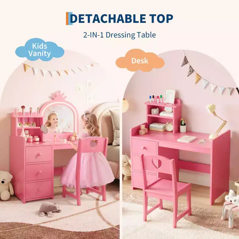 Set da toeletta Princess con specchio illuminato e sedia, tavolo da trucco per bambini con 3 cassetti e ripiani per bambine