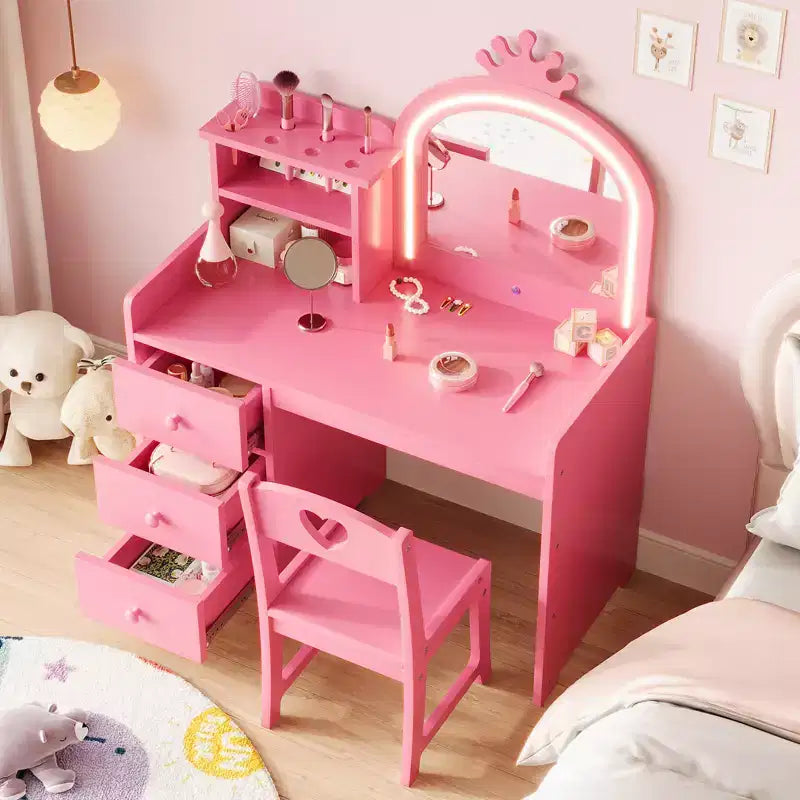Set da toeletta Princess con specchio illuminato e sedia, tavolo da trucco per bambini con 3 cassetti e ripiani per bambine