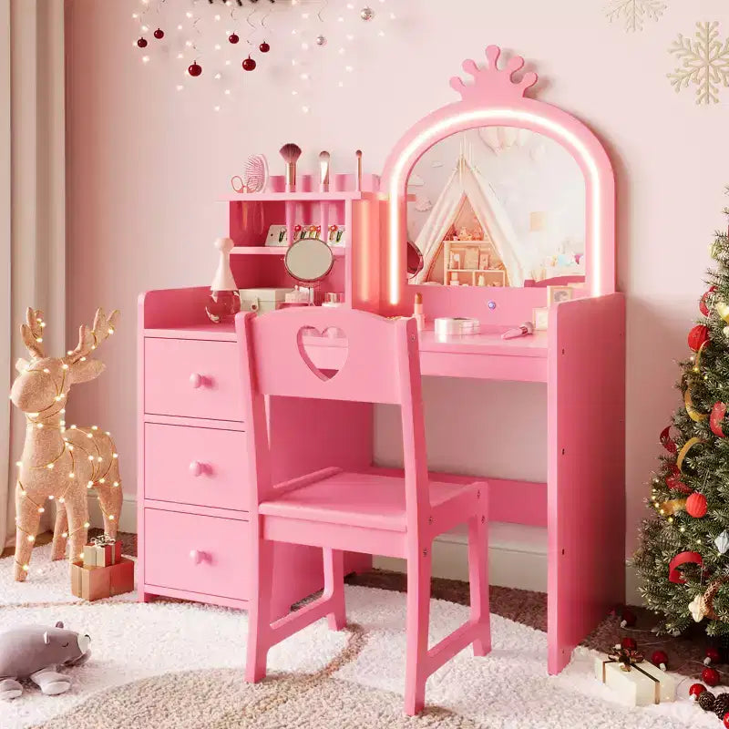 Set da toeletta Princess con specchio illuminato e sedia, tavolo da trucco per bambini con 3 cassetti e ripiani per bambine