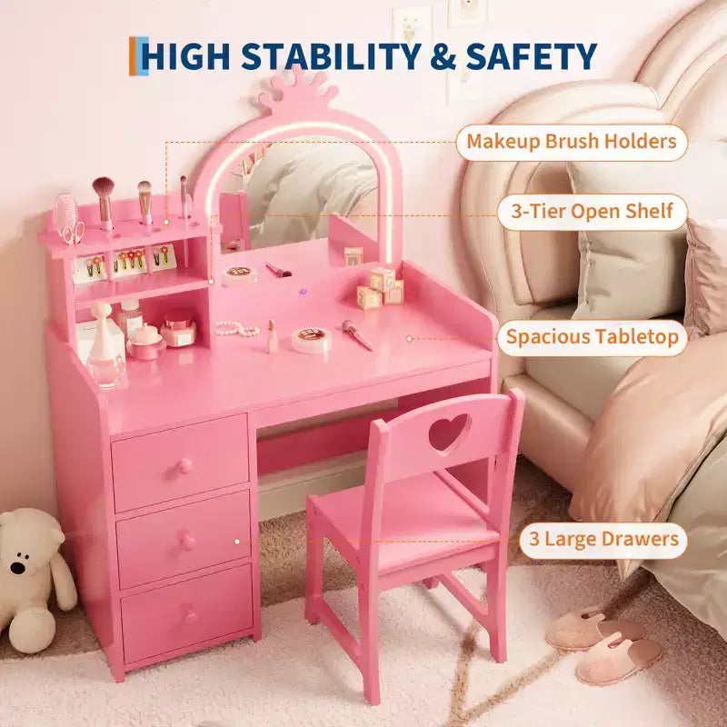Set da toeletta Princess con specchio illuminato e sedia, tavolo da trucco per bambini con 3 cassetti e ripiani per bambine