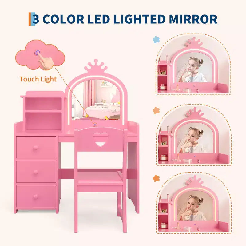 Set da toeletta Princess con specchio illuminato e sedia, tavolo da trucco per bambini con 3 cassetti e ripiani per bambine