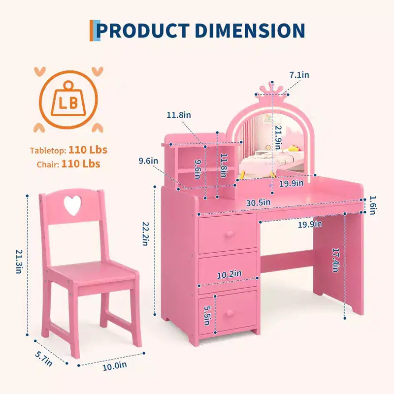Set da toeletta Princess con specchio illuminato e sedia, tavolo da trucco per bambini con 3 cassetti e ripiani per bambine