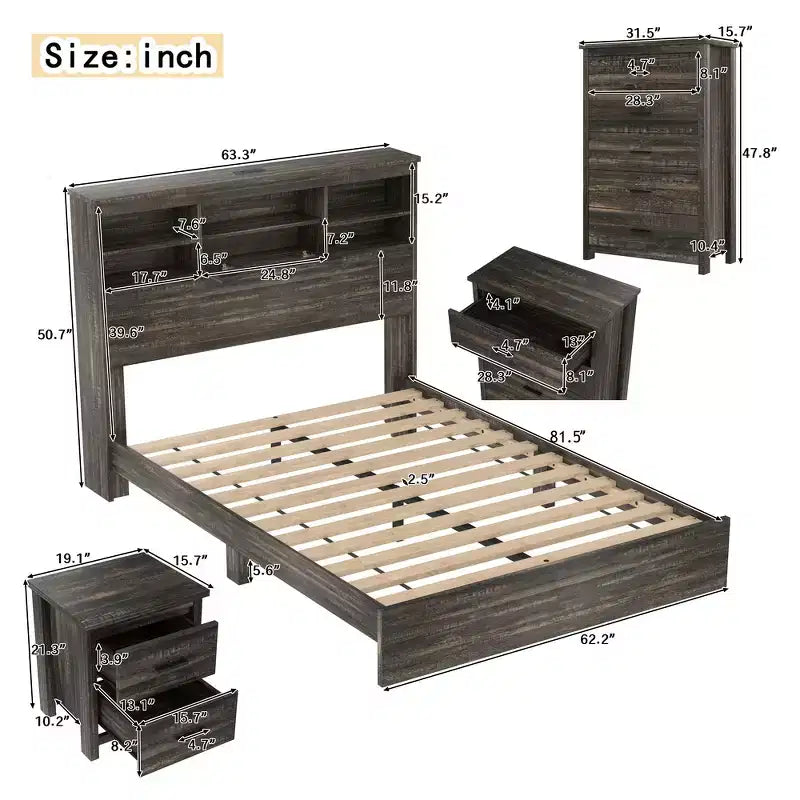 Set di mobili per camera da letto da 4 pezzi - Struttura letto matrimoniale con testiera contenitore, 2 comodini e 1 cassettiera