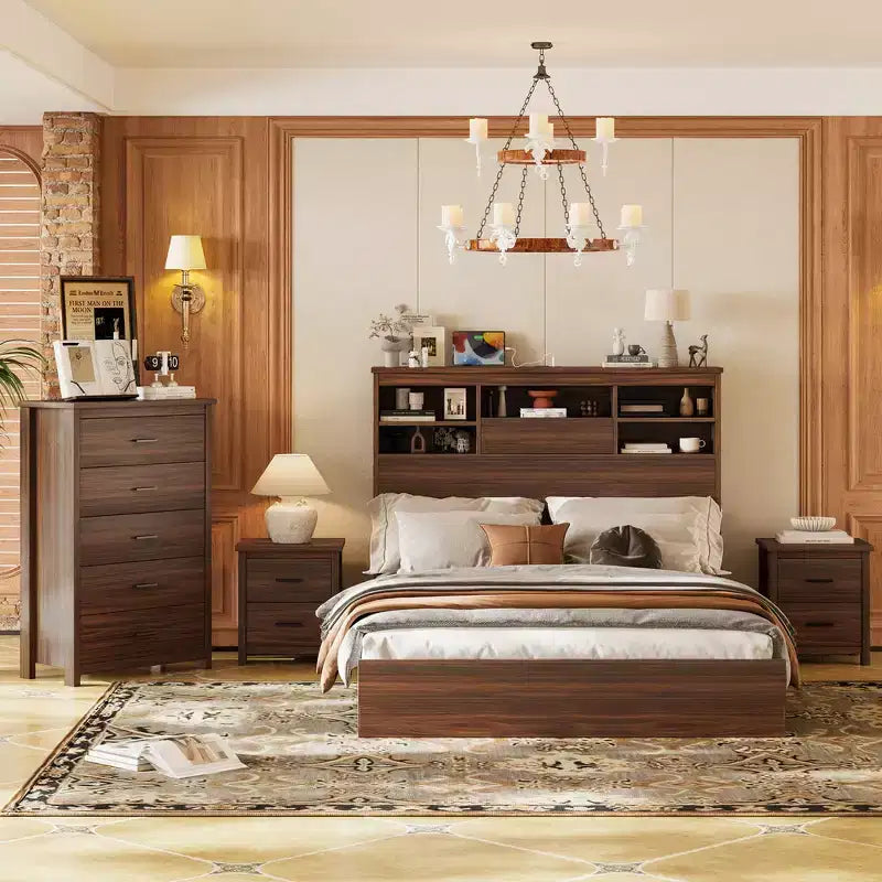 Set di mobili per camera da letto da 4 pezzi - Struttura letto matrimoniale con testiera contenitore, 2 comodini e 1 cassettiera