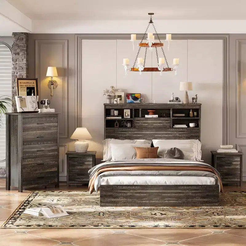 Set di mobili per camera da letto da 4 pezzi - Struttura letto matrimoniale con testiera contenitore, 2 comodini e 1 cassettiera