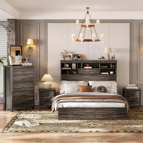 Set di mobili per camera da letto da 4 pezzi - Struttura letto matrimoniale con testiera contenitore, 2 comodini e 1 cassettiera