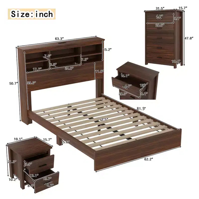 Set di mobili per camera da letto da 4 pezzi - Struttura letto matrimoniale con testiera contenitore, 2 comodini e 1 cassettiera