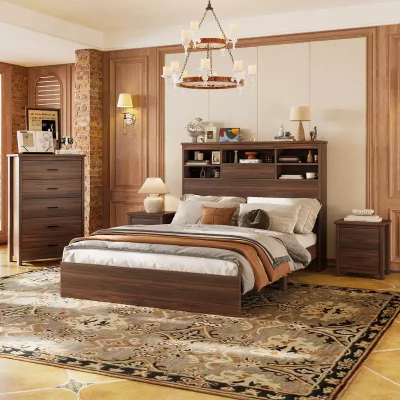 Set di mobili per camera da letto da 4 pezzi - Struttura letto matrimoniale con testiera contenitore, 2 comodini e 1 cassettiera