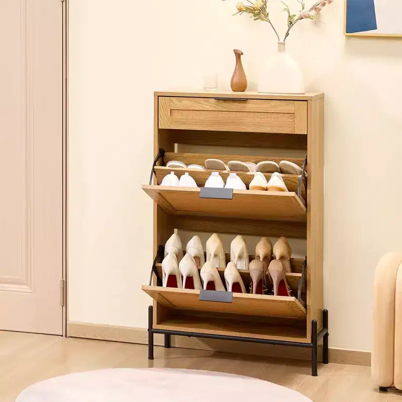 Scarpiera in rattan per ingresso stretto con 2 cassetti a ribalta, cassetto scorrevole, gambe in metallo, stile boho, può contenere 12 paia di scarpe