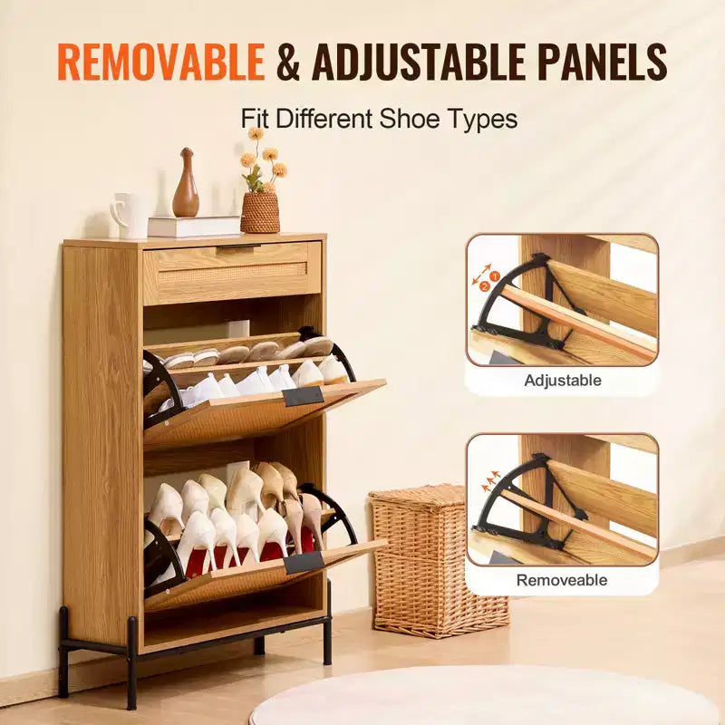 Scarpiera in rattan per ingresso stretto con 2 cassetti a ribalta, cassetto scorrevole, gambe in metallo, stile boho, può contenere 12 paia di scarpe