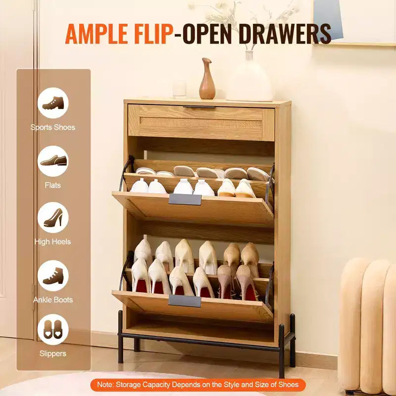 Scarpiera in rattan per ingresso stretto con 2 cassetti a ribalta, cassetto scorrevole, gambe in metallo, stile boho, può contenere 12 paia di scarpe