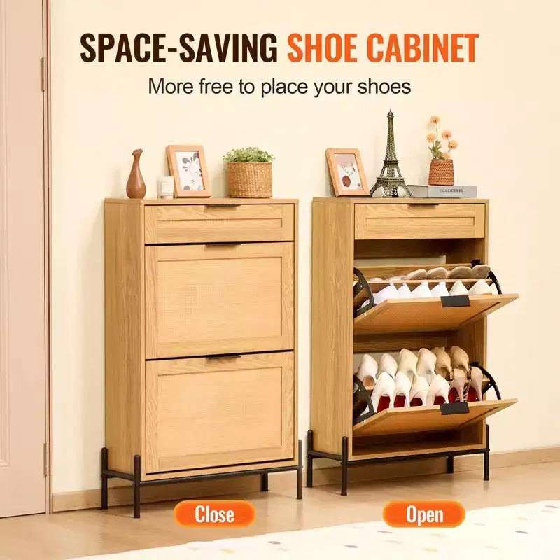 Scarpiera in rattan per ingresso stretto con 2 cassetti a ribalta, cassetto scorrevole, gambe in metallo, stile boho, può contenere 12 paia di scarpe