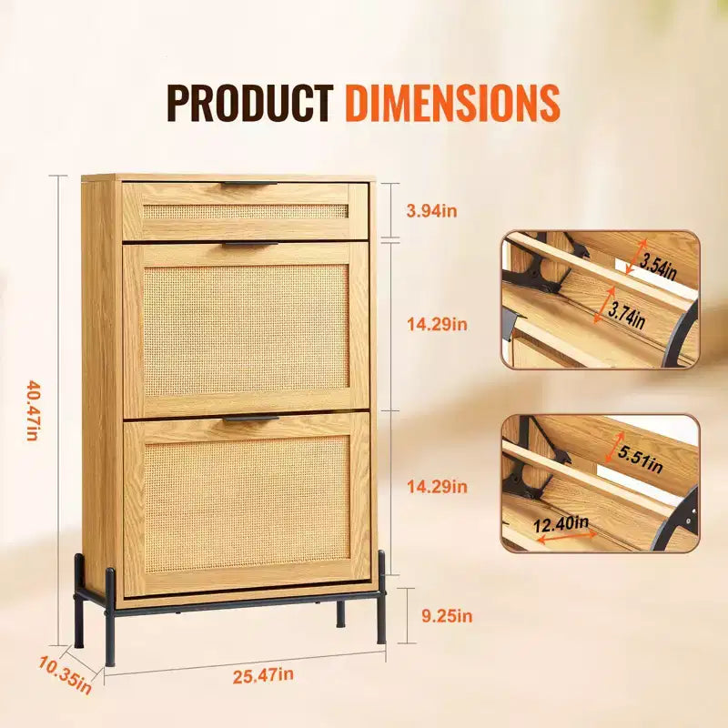 Scarpiera in rattan per ingresso stretto con 2 cassetti a ribalta, cassetto scorrevole, gambe in metallo, stile boho, può contenere 12 paia di scarpe