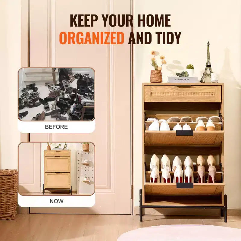 Scarpiera in rattan per ingresso stretto con 2 cassetti a ribalta, cassetto scorrevole, gambe in metallo, stile boho, può contenere 12 paia di scarpe