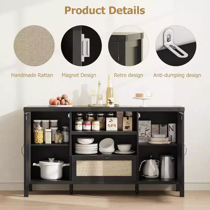 Credenza, Madia in Rattan da 150 cm con Ripiani Regolabili e Cassetto, Stile Boho Farmhouse Nero