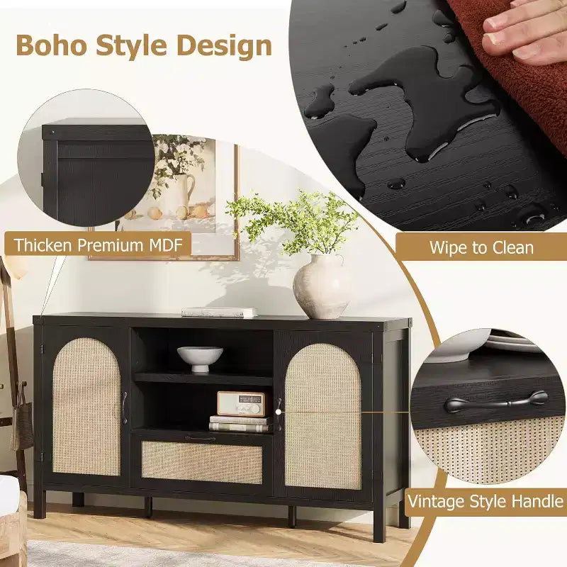 Credenza, Madia in Rattan da 150 cm con Ripiani Regolabili e Cassetto, Stile Boho Farmhouse Nero