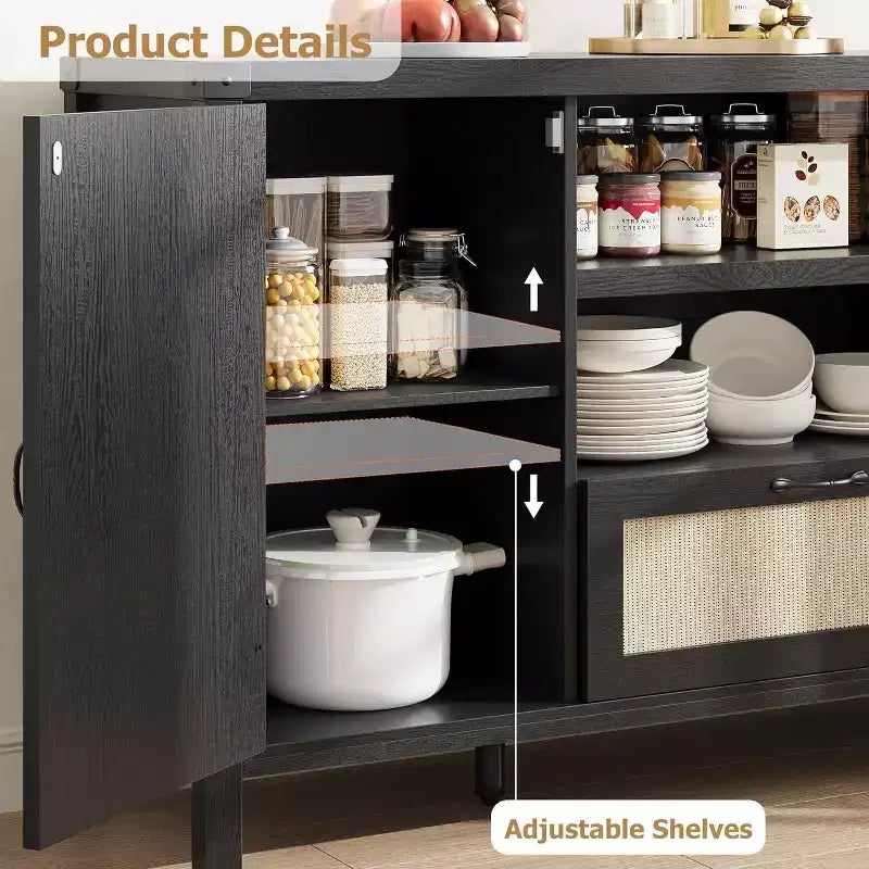 Credenza, Madia in Rattan da 150 cm con Ripiani Regolabili e Cassetto, Stile Boho Farmhouse Nero