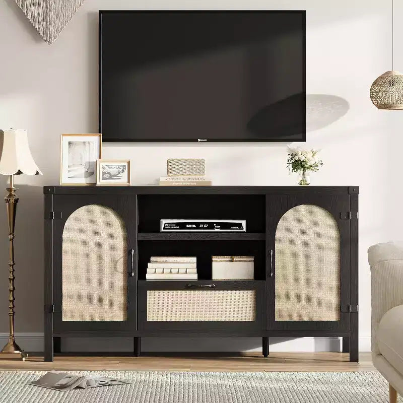 Credenza, Madia in Rattan da 150 cm con Ripiani Regolabili e Cassetto, Stile Boho Farmhouse Nero