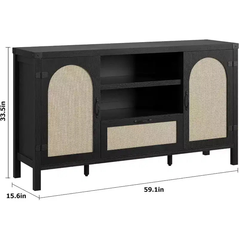 Credenza, Madia in Rattan da 150 cm con Ripiani Regolabili e Cassetto, Stile Boho Farmhouse Nero