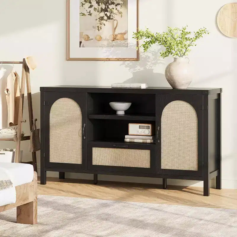 Credenza, Madia in Rattan da 150 cm con Ripiani Regolabili e Cassetto, Stile Boho Farmhouse Nero