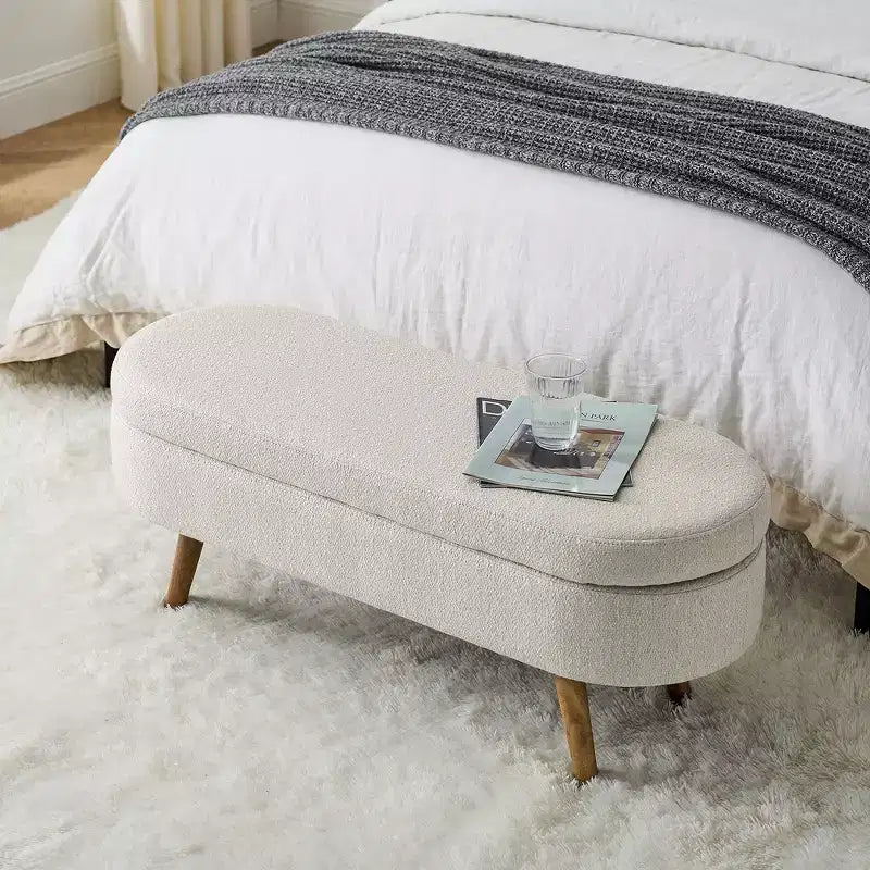Zeus & Ruta Oval Fabric Storage Ottoman Bench with Rubber Wood Legs