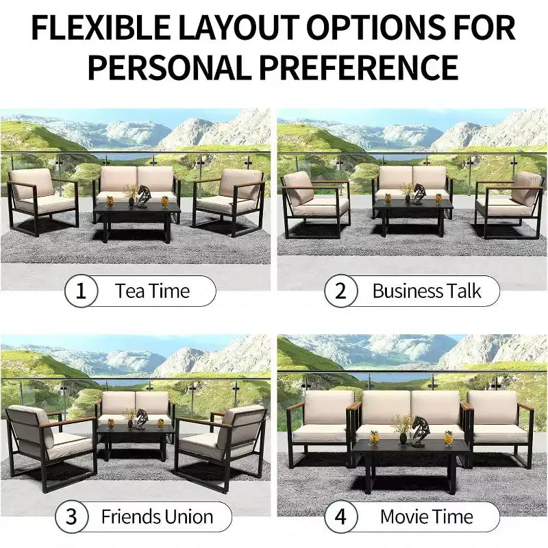 Set di 4 mobili da giardino in metallo per esterni, sedute da esterno con divanetto e tavolino da caffè, per portico, appartamenti, giardino