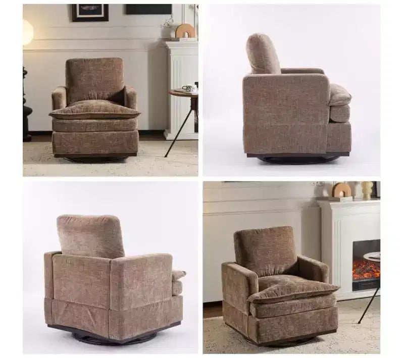 Moderna Poltrona Imbottita Comoda con Cuscino Schienale, Poltrona Girevole Quadrata a Botte a 360 Gradi per Soggiorno Beige