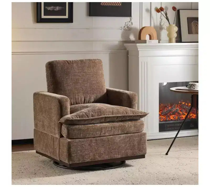Moderna Poltrona Imbottita Comoda con Cuscino Schienale, Poltrona Girevole Quadrata a Botte a 360 Gradi per Soggiorno Beige