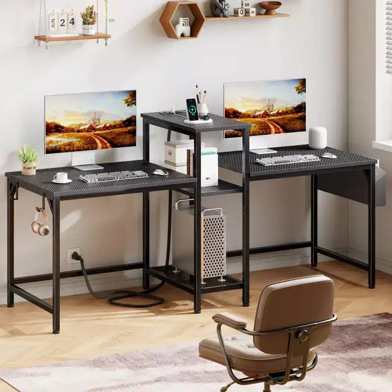 Scrivania Gaming per Due Persone Nera da 71 Pollici con Luci a LED, Doppia Scrivania per Computer, Supporto per Monitor, Ripiani e Gancio per Cuffie, Postazione di Lavoro per Ufficio Domestico
