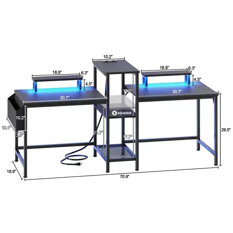Scrivania Gaming per Due Persone Nera da 71 Pollici con Luci a LED, Doppia Scrivania per Computer, Supporto per Monitor, Ripiani e Gancio per Cuffie, Postazione di Lavoro per Ufficio Domestico
