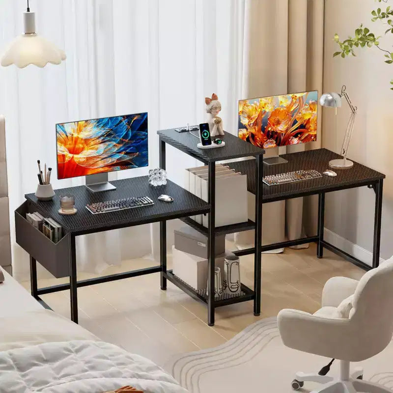 Scrivania Gaming per Due Persone Nera da 71 Pollici con Luci a LED, Doppia Scrivania per Computer, Supporto per Monitor, Ripiani e Gancio per Cuffie, Postazione di Lavoro per Ufficio Domestico