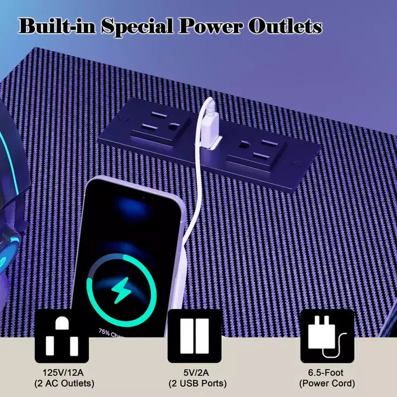 Scrivania Gaming per Due Persone Nera da 71 Pollici con Luci a LED, Doppia Scrivania per Computer, Supporto per Monitor, Ripiani e Gancio per Cuffie, Postazione di Lavoro per Ufficio Domestico