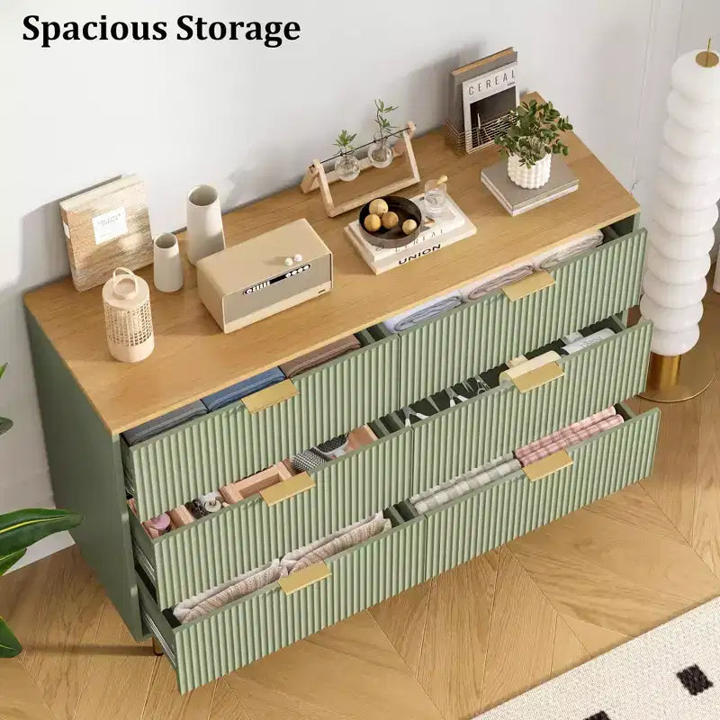 Comò moderno a 6 cassetti con scanalature, cassettiera in legno da 120 cm con maniglie in metallo, design a doppio cassetto per una conservazione versatile in soggiorno, corridoio, camera da letto