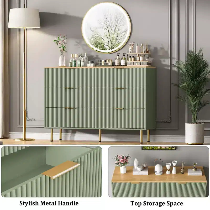 Comò moderno a 6 cassetti con scanalature, cassettiera in legno da 120 cm con maniglie in metallo, design a doppio cassetto per una conservazione versatile in soggiorno, corridoio, camera da letto