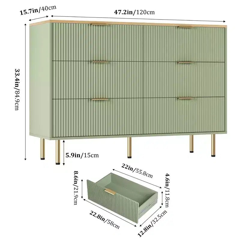 Comò moderno a 6 cassetti con scanalature, cassettiera in legno da 120 cm con maniglie in metallo, design a doppio cassetto per una conservazione versatile in soggiorno, corridoio, camera da letto