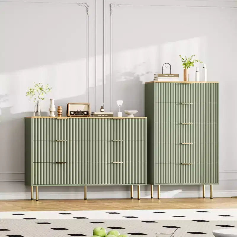 Comò moderno a 6 cassetti con scanalature, cassettiera in legno da 120 cm con maniglie in metallo, design a doppio cassetto per una conservazione versatile in soggiorno, corridoio, camera da letto