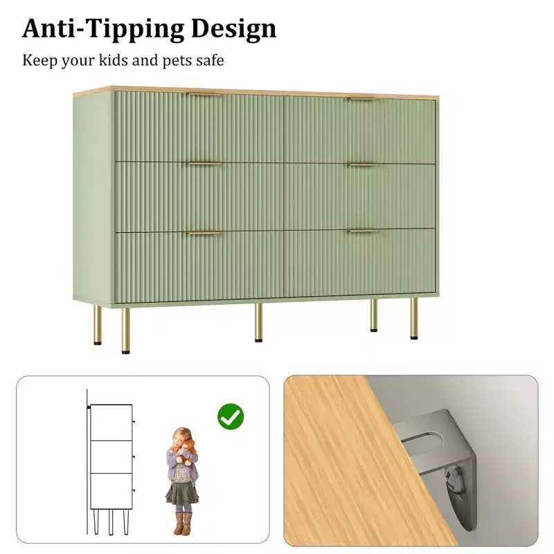 Comò moderno a 6 cassetti con scanalature, cassettiera in legno da 120 cm con maniglie in metallo, design a doppio cassetto per una conservazione versatile in soggiorno, corridoio, camera da letto