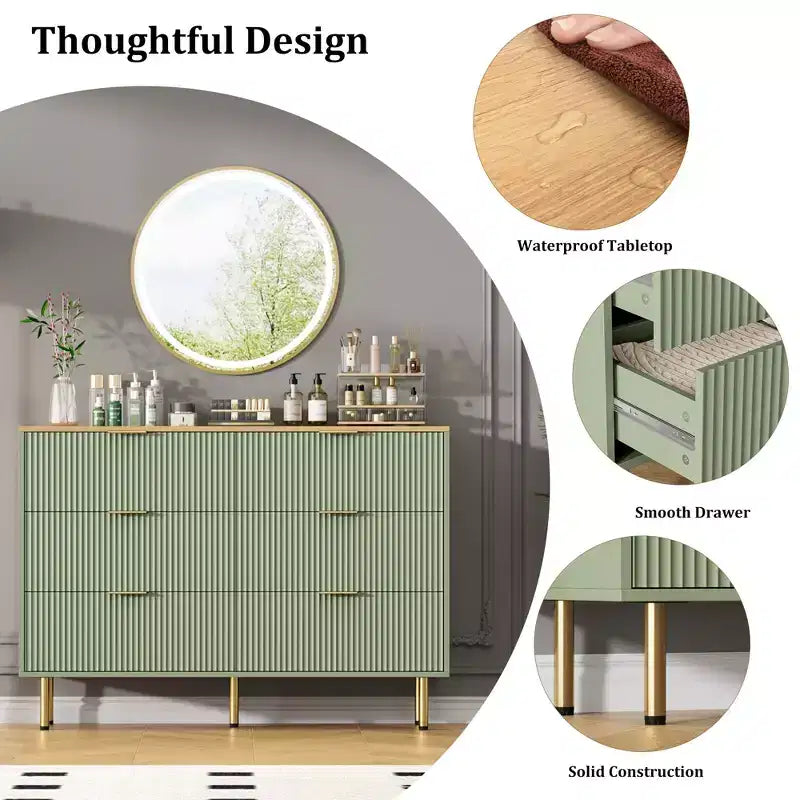 Comò moderno a 6 cassetti con scanalature, cassettiera in legno da 120 cm con maniglie in metallo, design a doppio cassetto per una conservazione versatile in soggiorno, corridoio, camera da letto