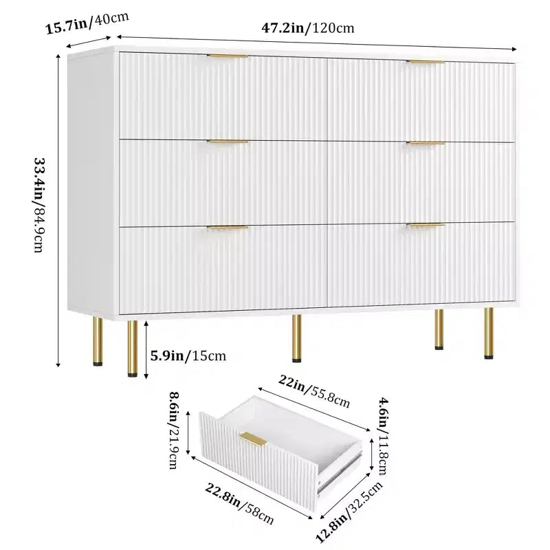 Comò moderno a 6 cassetti con scanalature, cassettiera in legno da 120 cm con maniglie in metallo, design a doppio cassetto per una conservazione versatile in soggiorno, corridoio, camera da letto