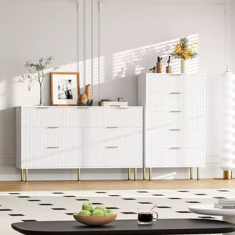 Comò moderno a 6 cassetti con scanalature, cassettiera in legno da 120 cm con maniglie in metallo, design a doppio cassetto per una conservazione versatile in soggiorno, corridoio, camera da letto