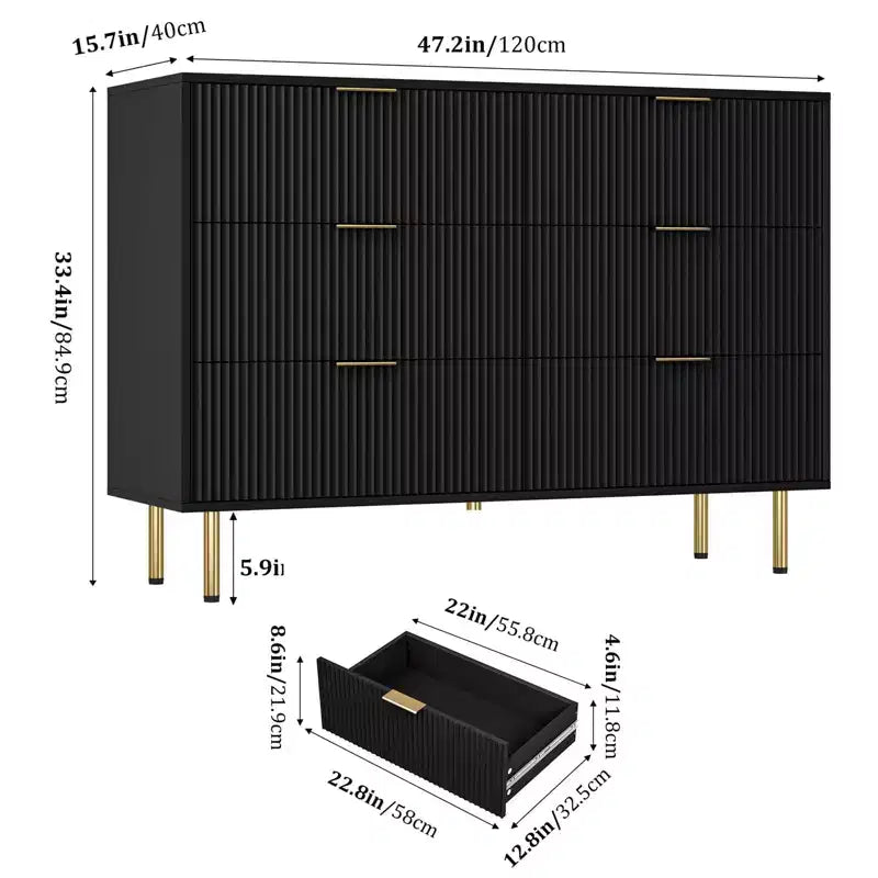 Comò moderno a 6 cassetti con scanalature, cassettiera in legno da 120 cm con maniglie in metallo, design a doppio cassetto per una conservazione versatile in soggiorno, corridoio, camera da letto