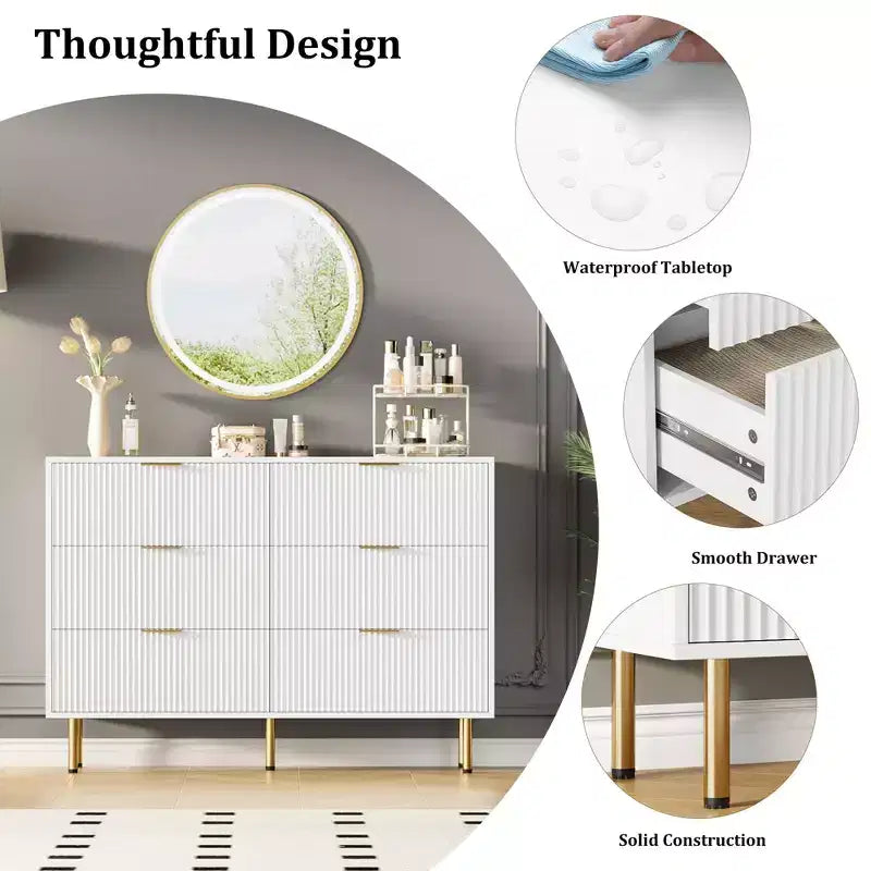 Comò moderno a 6 cassetti con scanalature, cassettiera in legno da 120 cm con maniglie in metallo, design a doppio cassetto per una conservazione versatile in soggiorno, corridoio, camera da letto