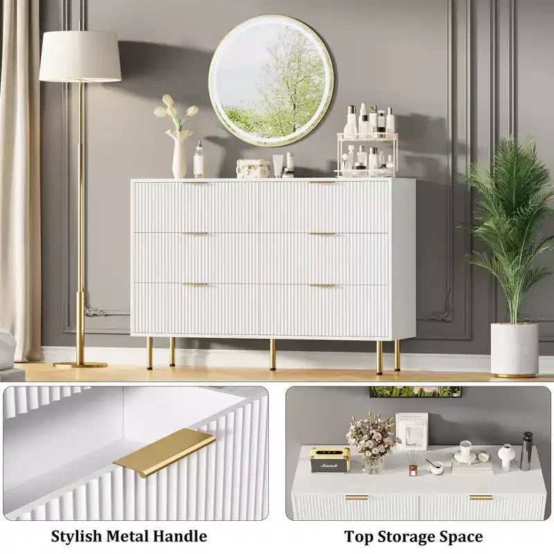 Comò moderno a 6 cassetti con scanalature, cassettiera in legno da 120 cm con maniglie in metallo, design a doppio cassetto per una conservazione versatile in soggiorno, corridoio, camera da letto