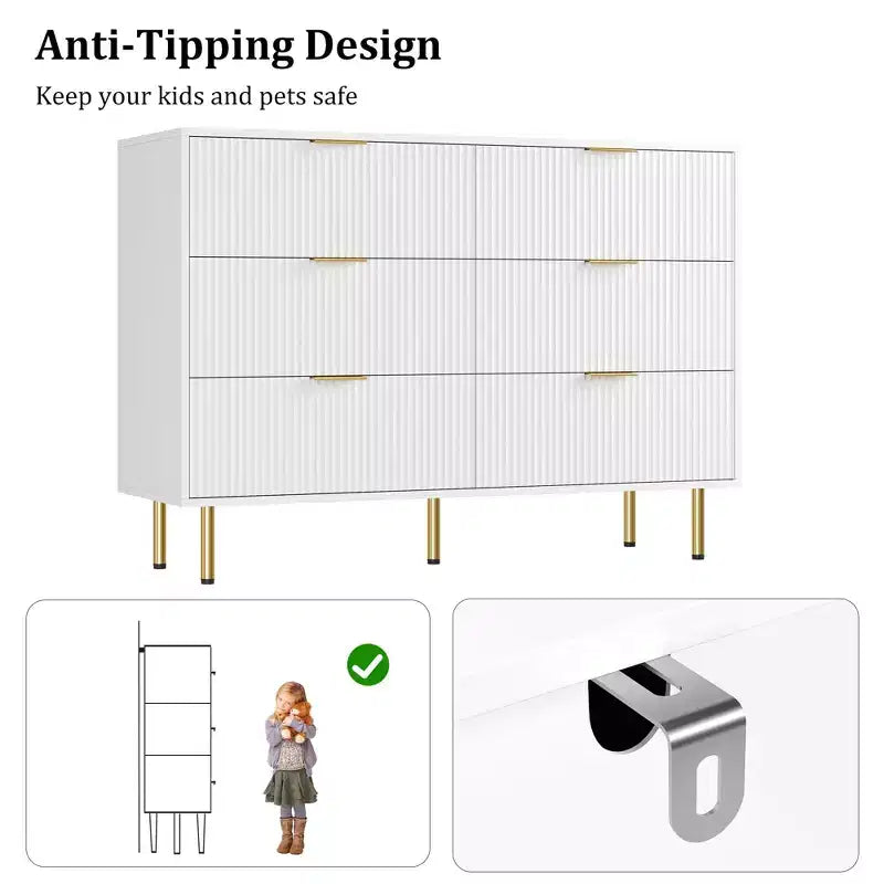Comò moderno a 6 cassetti con scanalature, cassettiera in legno da 120 cm con maniglie in metallo, design a doppio cassetto per una conservazione versatile in soggiorno, corridoio, camera da letto