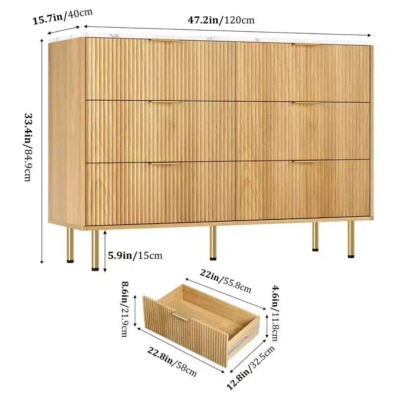 Comò moderno a 6 cassetti con scanalature, cassettiera in legno da 120 cm con maniglie in metallo, design a doppio cassetto per una conservazione versatile in soggiorno, corridoio, camera da letto