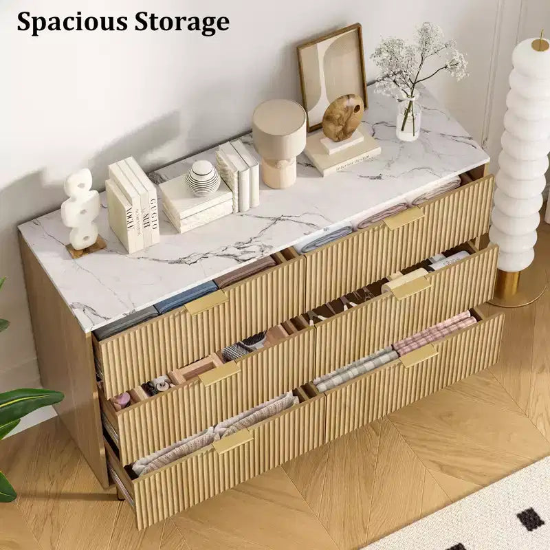 Comò moderno a 6 cassetti con scanalature, cassettiera in legno da 120 cm con maniglie in metallo, design a doppio cassetto per una conservazione versatile in soggiorno, corridoio, camera da letto
