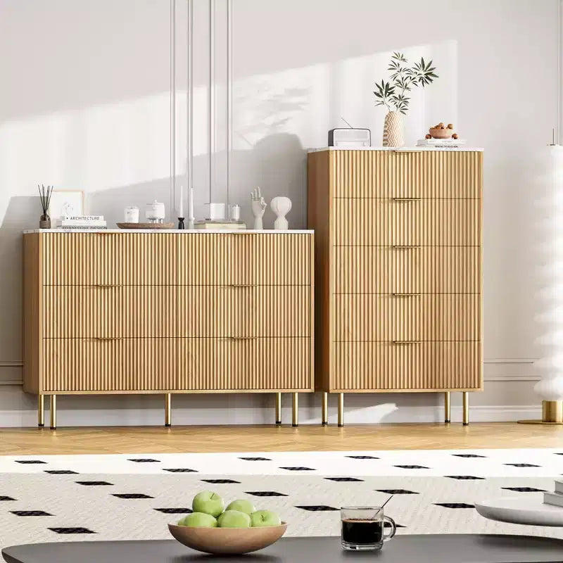 Comò moderno a 6 cassetti con scanalature, cassettiera in legno da 120 cm con maniglie in metallo, design a doppio cassetto per una conservazione versatile in soggiorno, corridoio, camera da letto