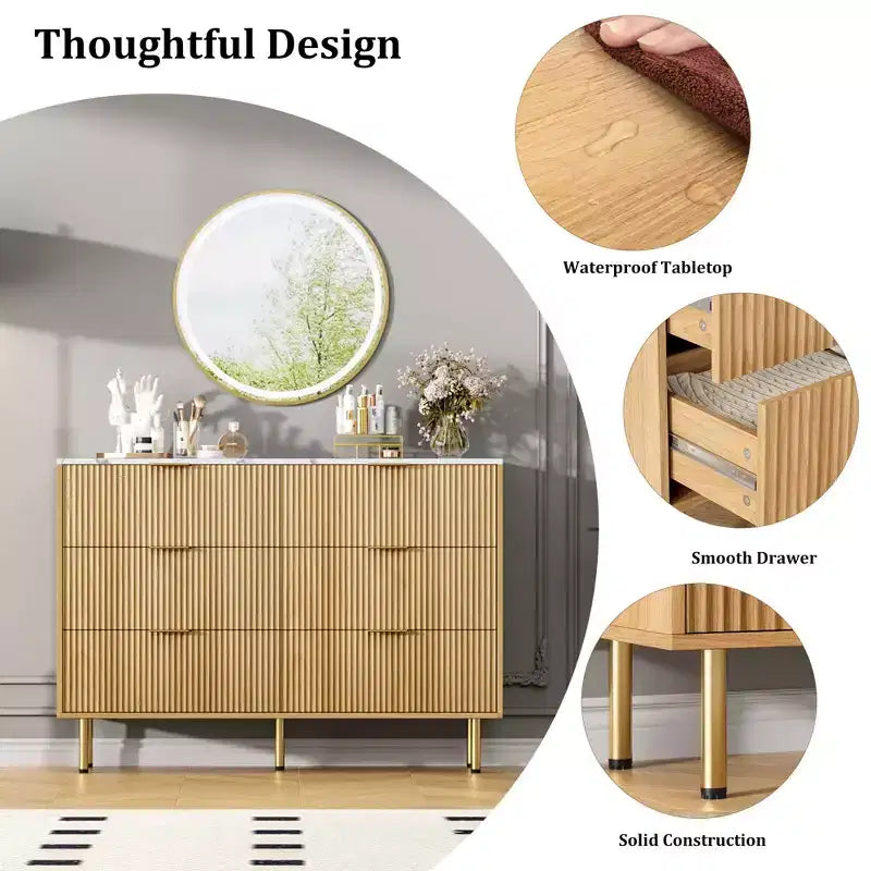 Comò moderno a 6 cassetti con scanalature, cassettiera in legno da 120 cm con maniglie in metallo, design a doppio cassetto per una conservazione versatile in soggiorno, corridoio, camera da letto