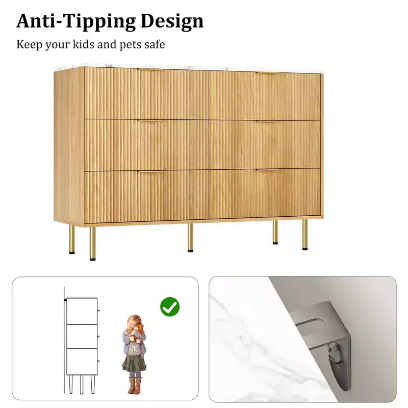 Comò moderno a 6 cassetti con scanalature, cassettiera in legno da 120 cm con maniglie in metallo, design a doppio cassetto per una conservazione versatile in soggiorno, corridoio, camera da letto