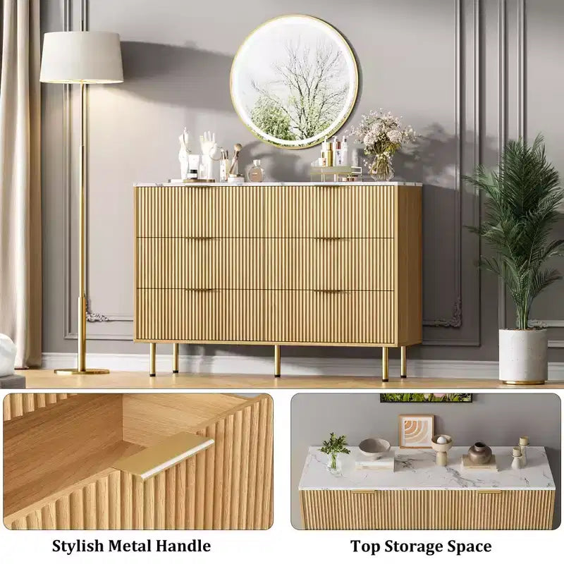 Comò moderno a 6 cassetti con scanalature, cassettiera in legno da 120 cm con maniglie in metallo, design a doppio cassetto per una conservazione versatile in soggiorno, corridoio, camera da letto